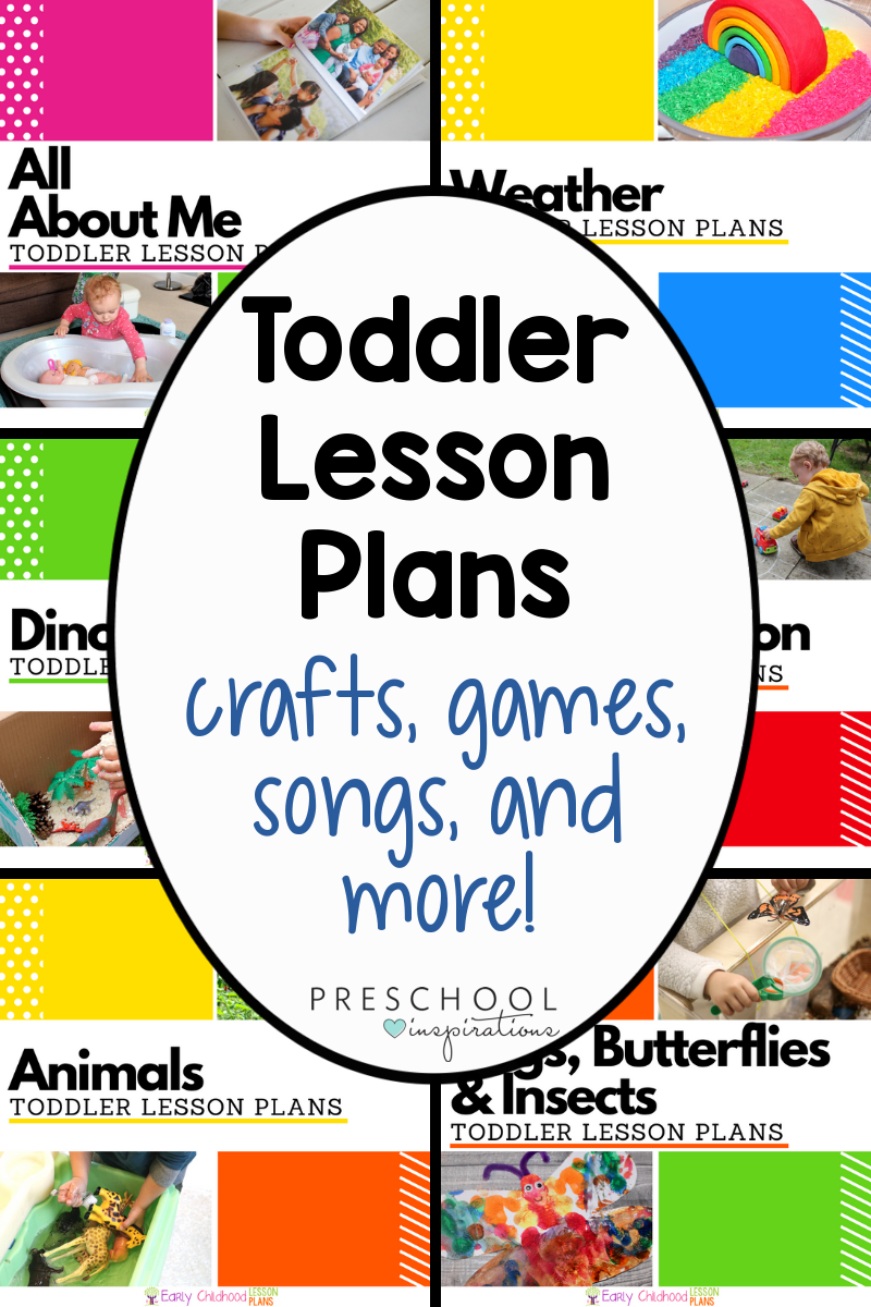 collage of six different lesson plan covers with the text 'toddler lesson plans crafts, cames, songs, and more!'